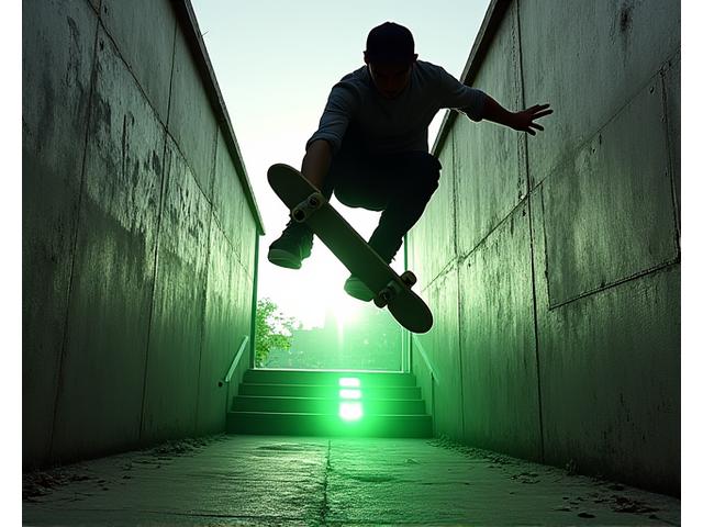Skater mid-air performing an ollie in a gritty urban setting, representing freedom and flight.