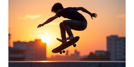 Skater mid-heelflip at sunset