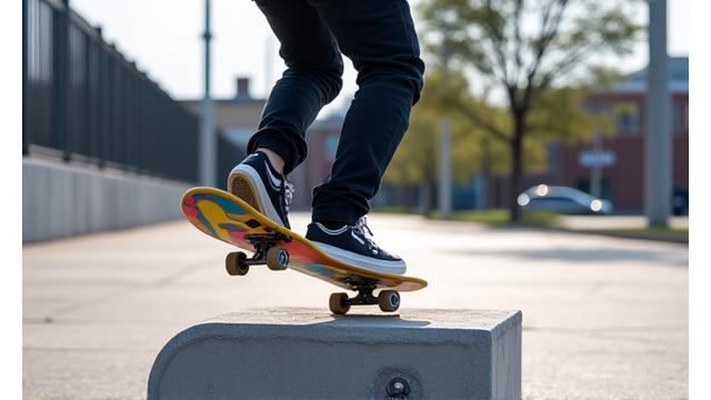 Skateboarder performing an ollie over an obstacle, board elevated