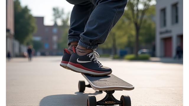 Skateboarder performing a pop shuvit, board rotating 180 degrees beneath feet